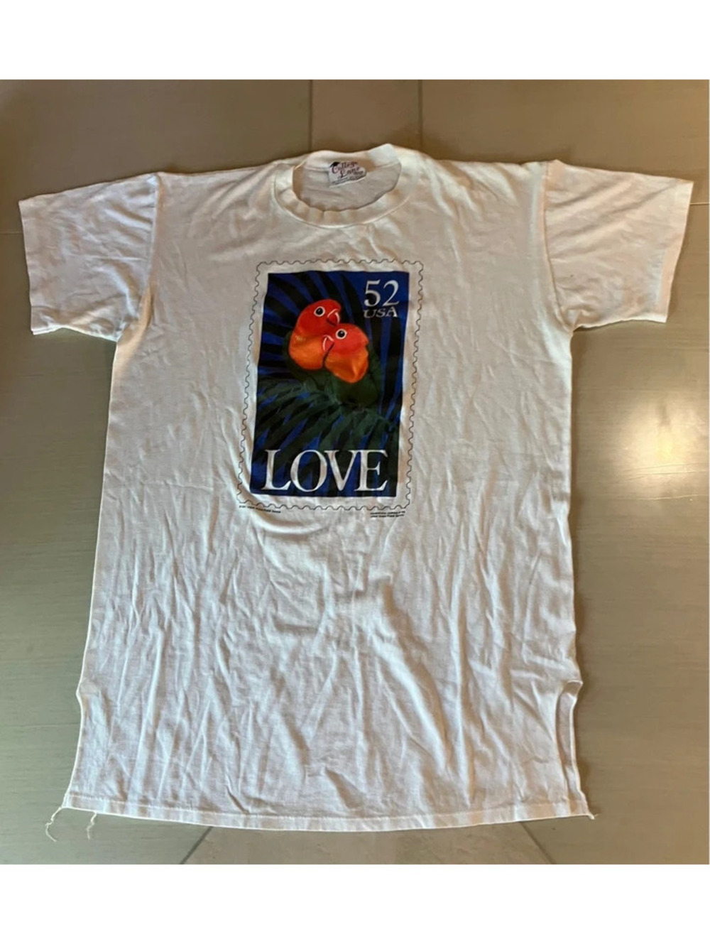 Vintage 90s College Lane “LOVE” Stamp T-Shirt, USPS Lovebirds, White, Americana